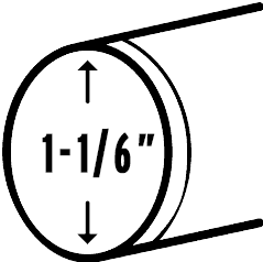 Black and white diagram of Curtain Rods cross-section, labeled 1-1/6" inner diameter with two arrows.