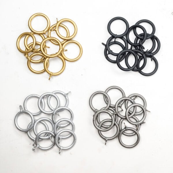 Four Standard Curtain Rings on a white background: gold (top left), black (top right), silver (bottom left), gray (bottom right).