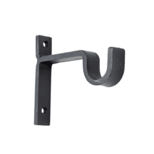 Black metal wall bracket for curtain rods with a curved hook and four mounting holes.