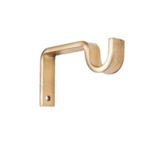 A brass curtain rod bracket with a U-shaped hook and flat base, featuring two screw holes for easy mounting. Product: Curtain Rods.