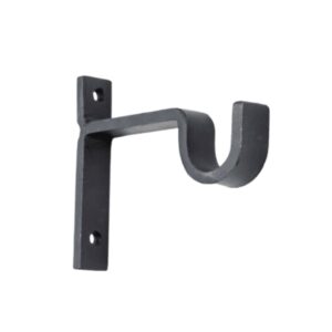Black metal wall bracket with two screw holes and a curved hook, perfect for supporting curtain rods.