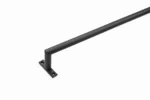 Black metal bar handle, styled like a minimalist curtain rod, with a right angle and two mounting holes against a plain white background.