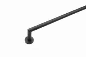 Black metal handlebar, resembling curtain rods, against a white background, mounted horizontally with one visible circular base at the left end.