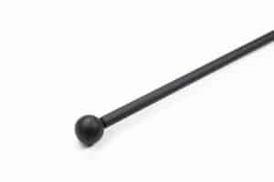 A black metal curtain rod with a round ball end, positioned diagonally against a white background.